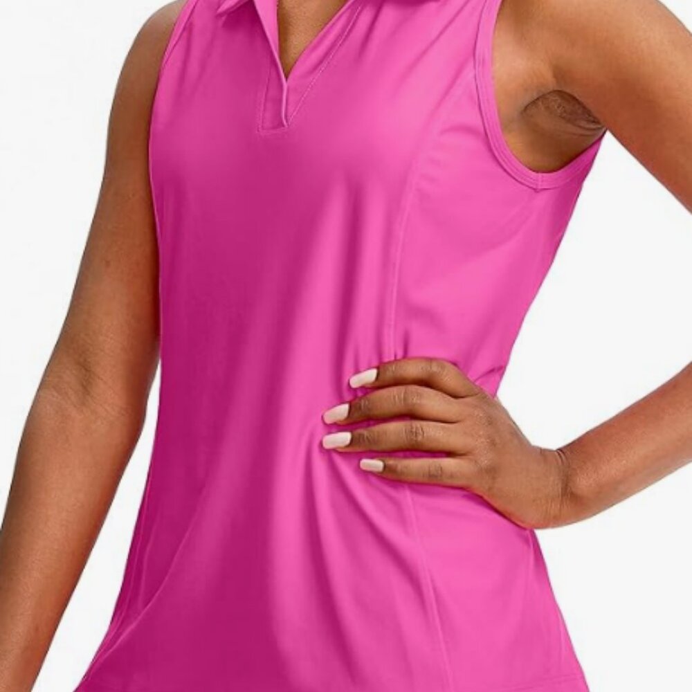 Women's Sleeveless Golf Polo Tennis Quick Dry Collared Tank Top Hot Pink -Med